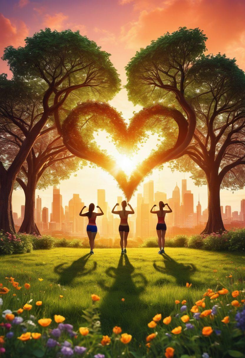 A vibrant scene depicting a diverse group of people engaging in various fitness activities while forming heart shapes with their bodies. Incorporate elements of nature such as trees and flowers to symbolize wellness, along with soft, warm lighting that evokes a feeling of love and connection. In the background, a hint of a city skyline suggests the balance between urban life and personal health. The image should radiate positivity and energy. super-realistic. vibrant colors. 3D.