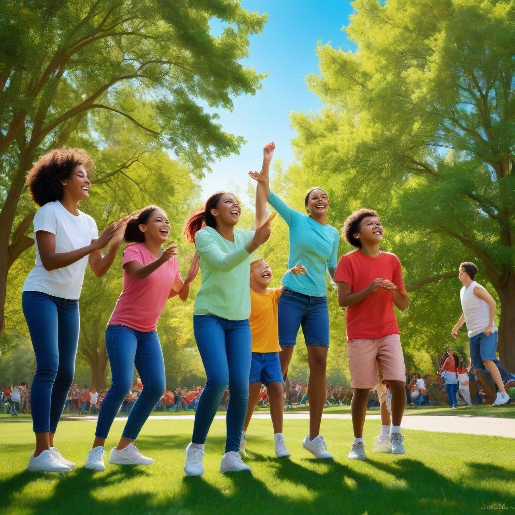 A diverse group of friends of different ages and ethnicities enjoying a lively sports game in a park, showcasing teamwork and sportsmanship. In the background, bright green trees and a clear blue sky create a cheerful atmosphere. Incorporate elements of laughter, high-fives, and encouragement to emphasize the positive impact of sports on relationships. vibrant colors. super-realistic. dynamic composition.