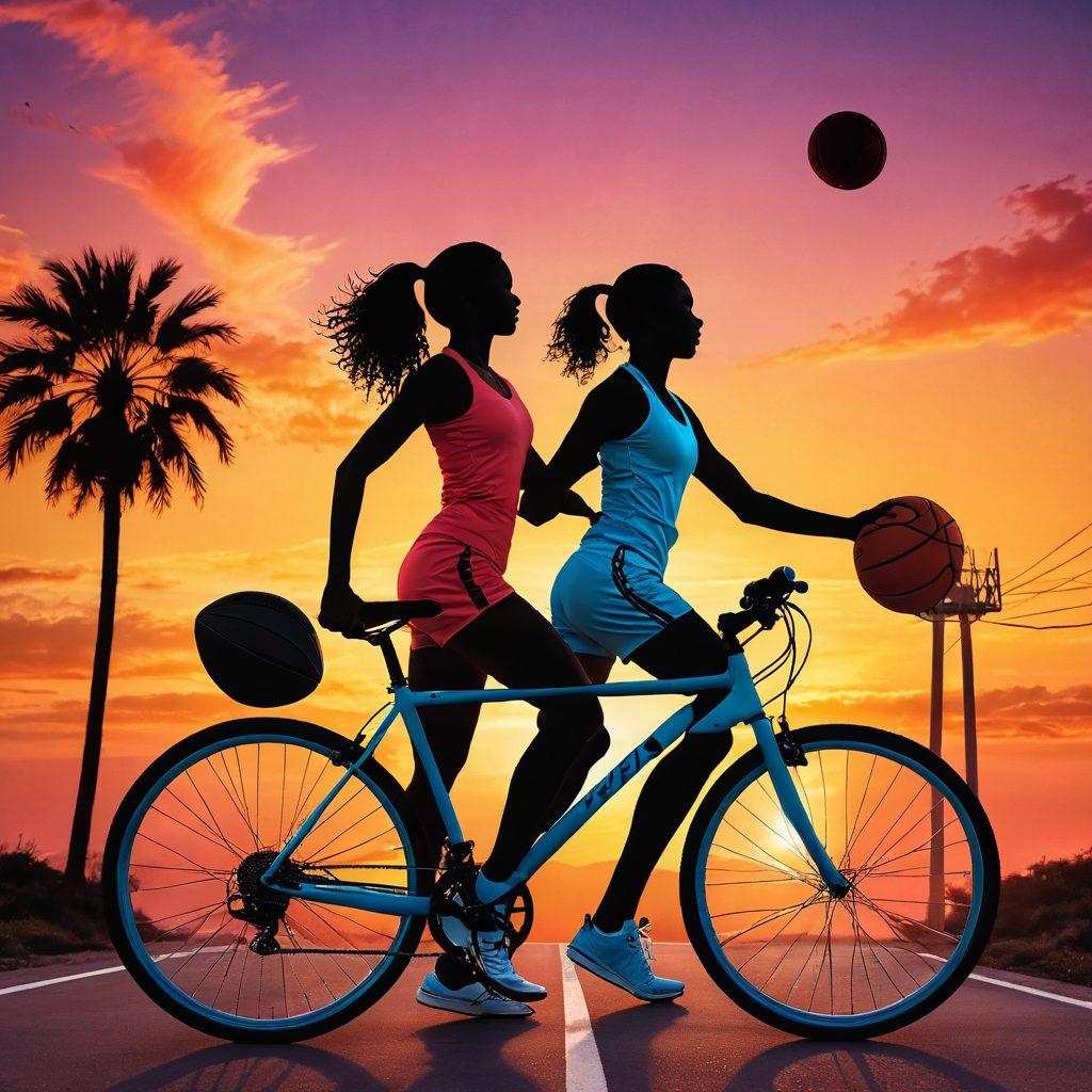 A dynamic scene depicting a couple passionately engaged in various sports activities, such as running, cycling, and playing basketball, set against a picturesque sunset backdrop. Incorporate elements of love, like intertwined hands or heart shapes made from sports equipment, to symbolize unity. Use vibrant colors to evoke energy and enthusiasm for a healthy lifestyle. The atmosphere should be inspiring, showcasing both fitness and romance seamlessly intertwined. surrealism. vibrant colors.